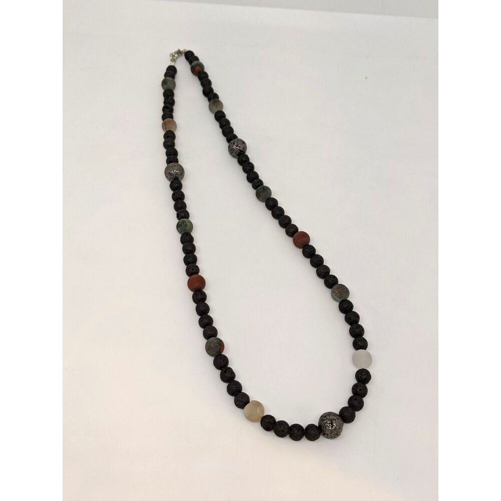 Black Lava Rock, Hematite, & African Bloodstone Necklace, Handmade, New
